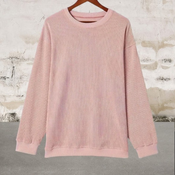 *NEW* Solid Ribbed Corduroy Crew Neck Pullover Sweatshirt in Pink - Picture 4 of 5